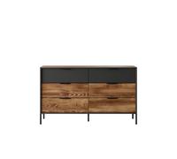 Commode Chambre 6 tiroirs avec pieds et poignées en métal 138cm Chêne et noir - LONDON
