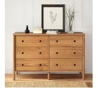Commode chambre APOANA L 132 cm 6 tiroirs en bois massif coloris chêne, meuble de rangement pour vêtements