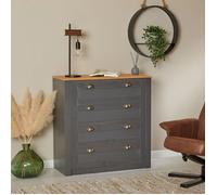 Commode chambre BOLTON L 91 cm en bois massif gris anthracite et brun avec 4 grands tiroirs et poignées style campagne