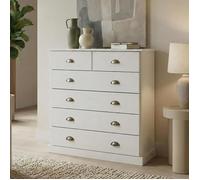 Commode chambre PARIS L 91 cm en bois massif lasuré blanc avec 6 tiroirs avec poignées coquille en métal style campagne