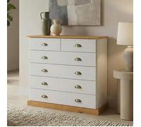 Commode chambre PARIS L 91 cm en bois massif lasuré blanc et brun avec 6 tiroirs avec poignées coquille en métal