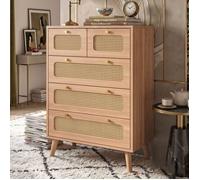 Commode Chêne - 60x34x91cm - 5 Tiroirs en Rotin Cannage - Grand Rangement Chic Style Scandinave et Bohème - Chiffonnier