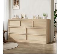 Commode chêne naturel 7 tiroirs largeur 54 po grand rangement meuble bois pour salon chambre bébé entrée