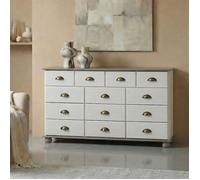 Commode COLMAR chiffonnier apothicaire rangement avec 11 tiroirs en pin massif lasuré blanc et taupe