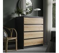 Home Collective Commode à 4 tiroirs 80 x 100 cm - en Bois de chêne Artisanal - Anthracite - avec tiroirs - Buffet Haut - pour Chambre à Coucher, Salon, Couloir, Bureau - Largeur : 80 cm