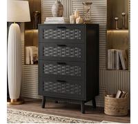 Commode de Chambre - 55x40 95 cm - 4 Tiroirs Effet Rotin PVC Facile à Nettoyer - Chiffonnier Noir avec Pieds en Bois Robustes