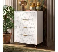 Commode de Chambre - 60x34x90 cm - Façade Motif Géométrique Losange & 4 Tiroirs - Chiffonnier Gain de Place en Bois MDF Blanc