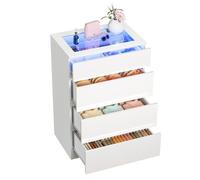 Commode de chambre avec plateau en verre et lumière LED, commode blanche à quatre tiroirs spacieux, adaptée pour entrée et couloir