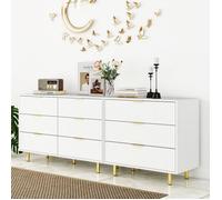 Commode De Chambre Buffet moderne 9 tiroirs modulable blanc et doré, meuble de rangement design contemporain, dimensions 200x40x72cm