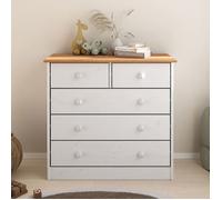 Commode de chambre RONDO meuble de rangement avec 5 tiroirs, en pin massif lasuré blanc et brun