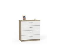 Commode de rangement de 4 Tiroirs avec Glissières Métalliques coloris Blanche et Chêne cambrien - Longueur 74 x Profondeur 40 x Hauteur 78 cm - -
