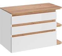 Commode De Salle De Bain 94 Cm Blanc Brillant Avec Tiroirs En Chêne Doré