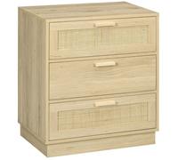 HOMCOM Commode 3 tiroirs Commode Chambre Meuble de Rangement Style bohème avec Cadre en Bois, chiffonnier en rotin pour Chambre à Coucher, Salon, entrée dim. 60 x 38 x 69 cm, Bois Naturel