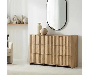 Commode ELLA L 100 cm avec 6 Tiroirs en Bois Coloris Chêne, Poignées Plates en Métal Doré, Design Strié Contemporain
