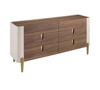 Commode en bois beige, acier poli doré et plateau en noyer