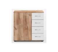 Commode en panneaux de particules de 4 tiroirs+1 porte, chene poutre/blanc- Dim : L.81 x H.83 x P.41 cm - -