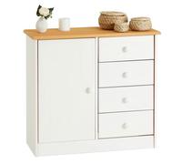 Commode en pin massif lasuré blanc et brun RONDO buffet meuble de rangement avec 4 tiroirs et une porte