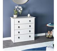 Commode en pin RESIDENCIA 4 grands tiroirs buffet bahut vaisselier en bois style mexicain, lasuré blanc