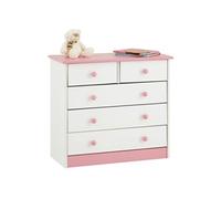 Commode en pin RONDO, 2+3 tiroirs, lasuré blanc et rose