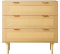 Commode en rotin à 3 tiroirs, commode moderne pour chambre à coucher, commode en rotin naturel avec poignées en métal et pieds en bois, rangement pour vêtements et rangement pour chambre à coucher, sa
