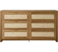 Commode en rotin à 6 tiroirs, commode double pour chambre à coucher, commode en rotin naturel avec poignées métalliques, rangement moderne en bois pour vêtements et rangement pour chambre à coucher, s