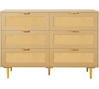 Commode en rotin à 6 tiroirs, commode double pour chambre à coucher, commode en rotin naturel avec poignées et pieds en métal, rangement moderne en bois pour vêtements et rangement pour chambre à couc