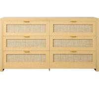 Commode en rotin à 6 tiroirs, commode double pour chambre à coucher, commode en rotin naturel avec poignées en métal, rangement moderne en bois pour vêtements et autres objets pour chambre à coucher,