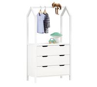 Commode enfant AMIRA H 152 cm en bois massif blanc type Montessori avec 3 tiroirs et 1 tringle meuble de rangement