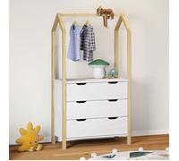 Commode enfant AMIRA H 152 cm en bois massif coloris naturel et blanc type Montessori avec 3 tiroirs et 1 tringle