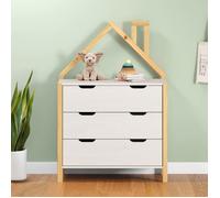 Commode Enfant ELANO en Bois Massif coloris naturel et blanc avec 3 Tiroirs de Rangement, 84 x 120 x 41 cm