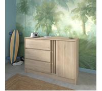 Commode ESCALE - 3 tiroirs - 1 porte - Décor chêne - L 109,8 x H 76,8 x P 50 cm