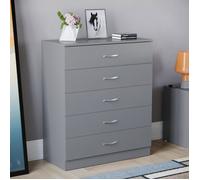 Commode grise Riano avec 5 tiroirs, poignées et glissières en métal - Meuble de chambre à coucher