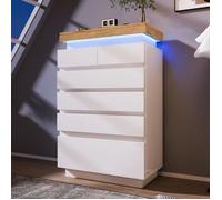 Commode Haute 6 Tiroirs Blancs, Sideboard LED, Meuble de Rangement Haut Gloss 115×73×39 cm pour Salon & Chambre