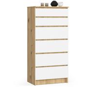 Commode haute 6 tiroirs - Dimensions 60x40x130 cm - Commode de chambre - Chêne et Blanc - Meuble de rangement