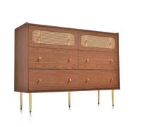 Commode Haute 6 Tiroirs en Rotin Style Noyer - Meuble de Rangement Polyvalent pour Chambre et Toutes les Pièces