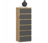 Commode haute à 6 tiroirs - Dimensions 40x35x109 - Commode de chambre - Meuble d'appoint aspect bois - Chêne et Gris