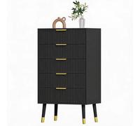 Commode haute et sculptée - Armoire de rangement étroite en bois avec 5 tiroirs - Résistante aux taches - Réutilisable - Polyvalente - Noire avec des poignées et des pieds dorés