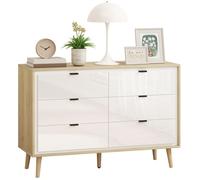Commode - HOMCOM - 6 tiroirs - haute brillance - pieds en bois - panneau de particules et MDF - 110 x 40 x 75 cm - blanc et chêne