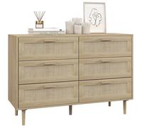 Commode HOMCOM 6 tiroirs meuble de rangement avec tissage en rotin dim. 110L x 40l x 75H cm Aspect Bois Clair
