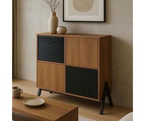 Commode HWC-O40, armoire buffet haut avec portes et compartiments de rangement, MDF métal mélaminé 94x79x40cm naturel