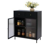 Commode HWC-O87, armoire buffet haut, compartiments de rangement tiroirs métal industriel verre osier 96x80x40cm noir
