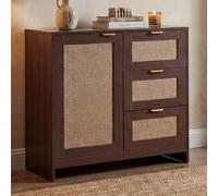 Commode HWC-P50, armoire, buffet haut, tiroirs, compartiment de rangement, façade en MDF mélaminé aspect noyer Marron