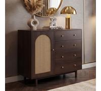 Commode HWC-P52, armoire buffet haut, tiroirs, compartiments de rangement, polyrotin MDF mélaminé 95x100x40cm aspect noyer Marron
