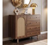 Commode HWC-P52, armoire buffet haut, tiroirs, compartiments de rangement, polyrotin MDF mélaminé 95x100x40cm marron