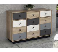 Commode KRYPTON - 3 tiroirs et 3 portes - Coloris : chêne, blanc et gris