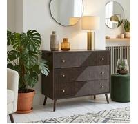 Commode LIVIA L 80 cm avec 3 Tiroirs en Bois Brun Foncé, Poignées Rondes en Métal, Design Rétro-Chic avec Relief Géométrique