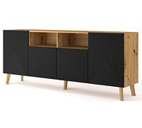 Commode LUXI 4D 195 cm chêne Artisan, façades noires mates en MDF, pieds en bois massif, buffet haut 4 portes