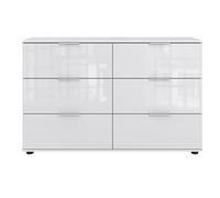Commode, meuble de rangement à 6 tiroirs coloris blanc, verre blanc - Longueur 130 x Hauteur 83 x Profondeur 41 cm - -
