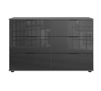 Commode, meuble de rangement à 6 tiroirs coloris graphite, verre noir - Longueur 130 x Hauteur 83 x Profondeur 41 cm - -