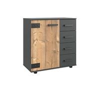 Commode meuble de rangement coloris imitation chene/gris fonce - Longueur 81 x Hauteur 83 x Profondeur 41 cm --